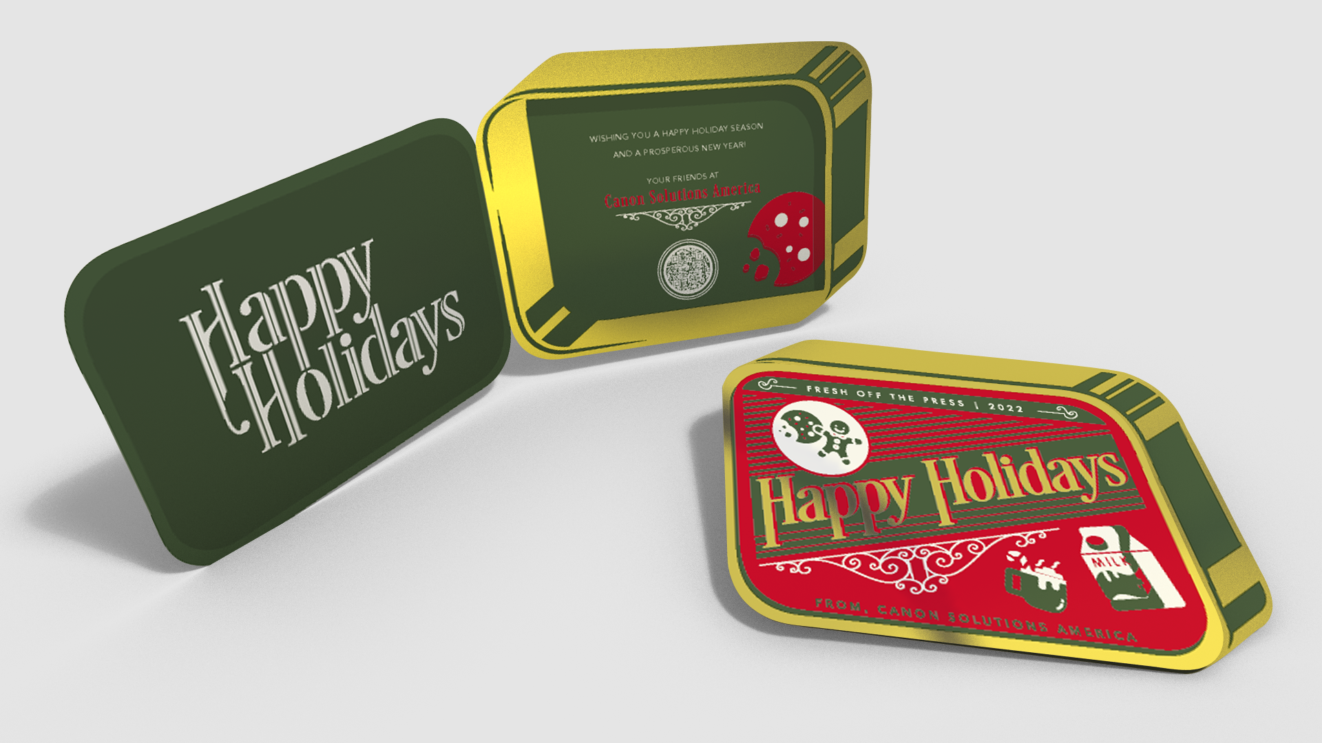 Holiday card designed to look like a cookie tin