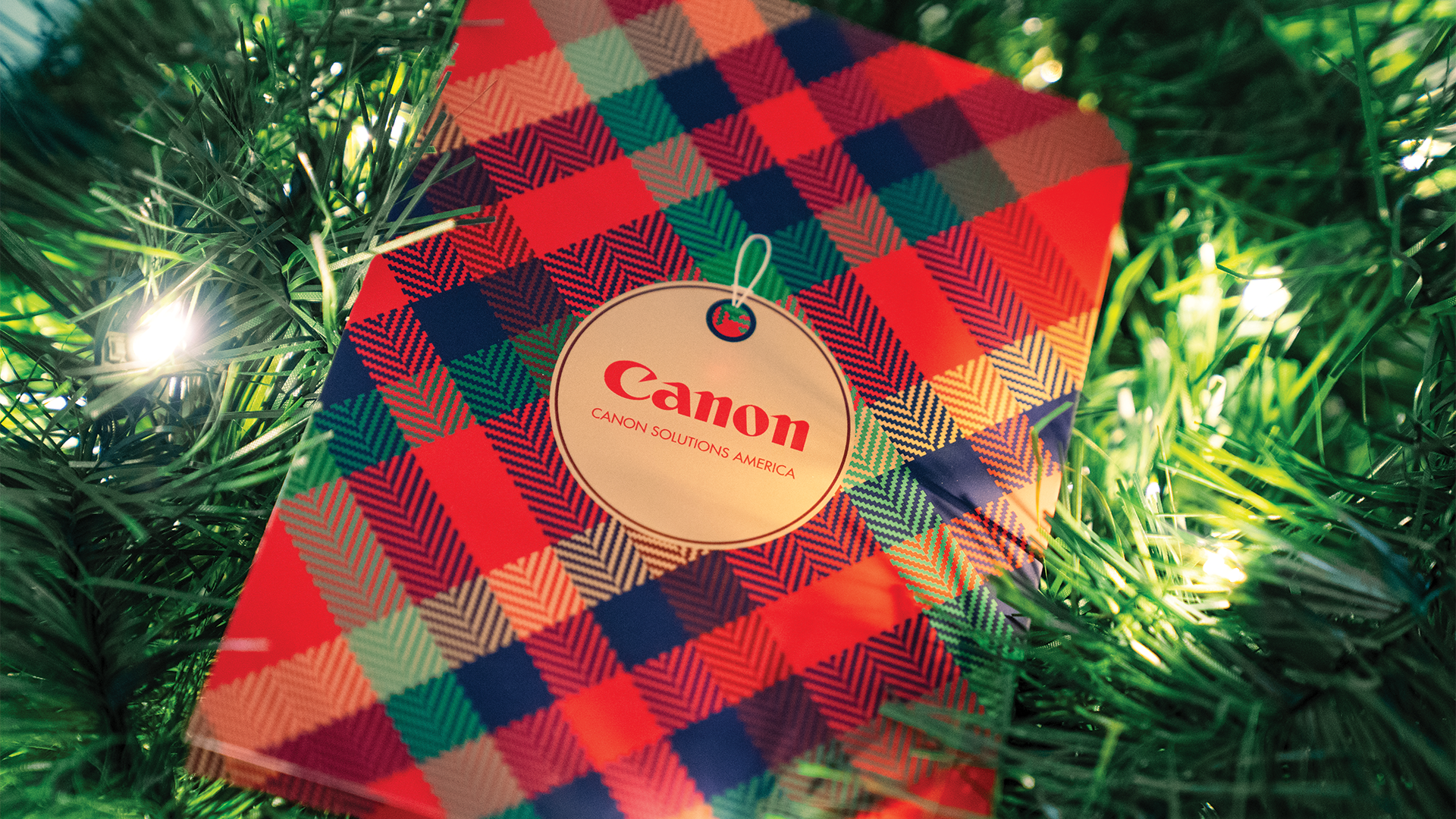 Flannel-patterned holiday card against a Christmas tree