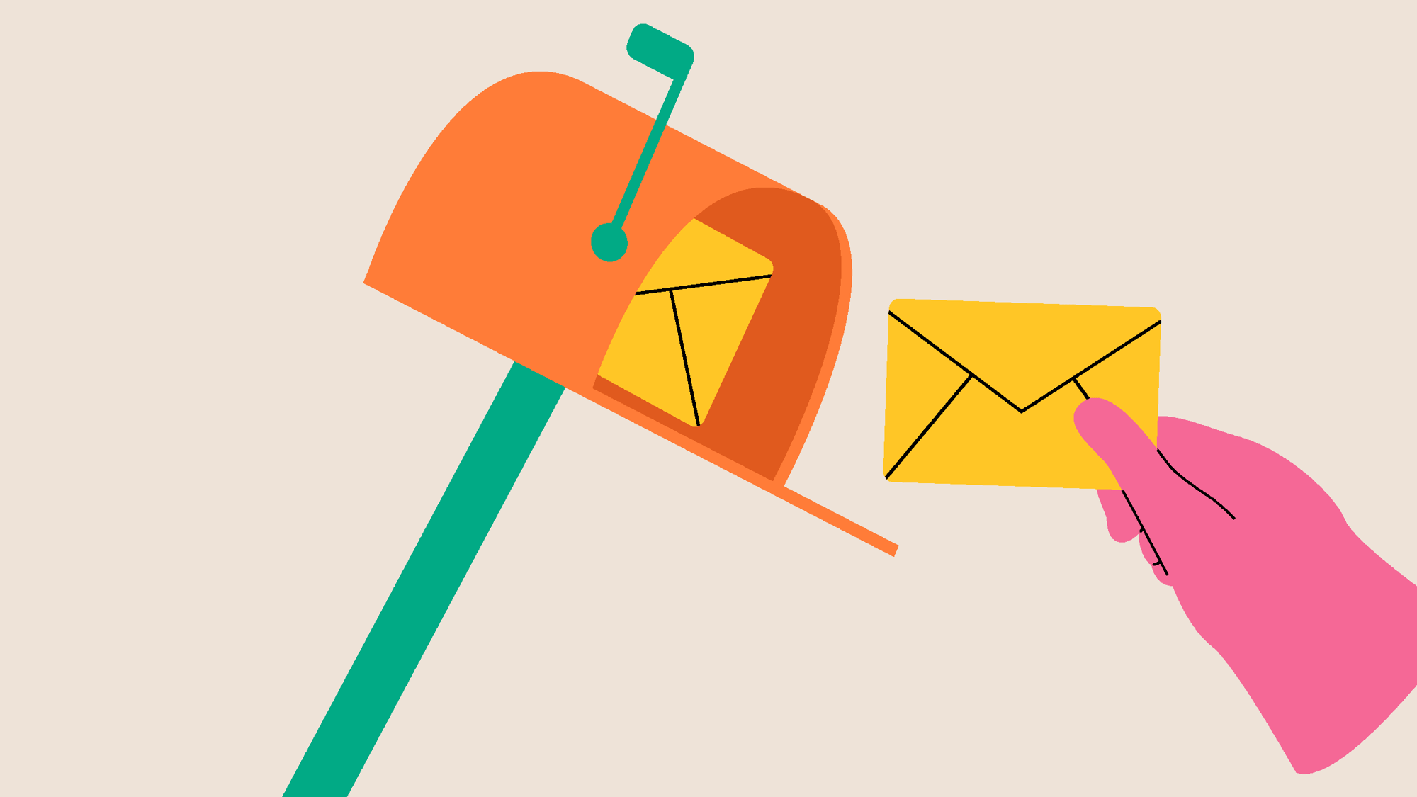 Illustration of a pink hand depositing mail in an orange mailbox