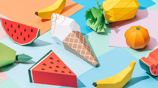 An illustration of various paper crafts resembling different fruits