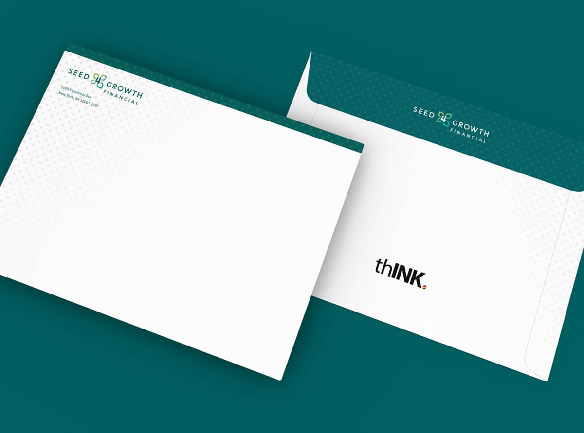 Seeds 4 Growth branded envelopes with thINK logo on them